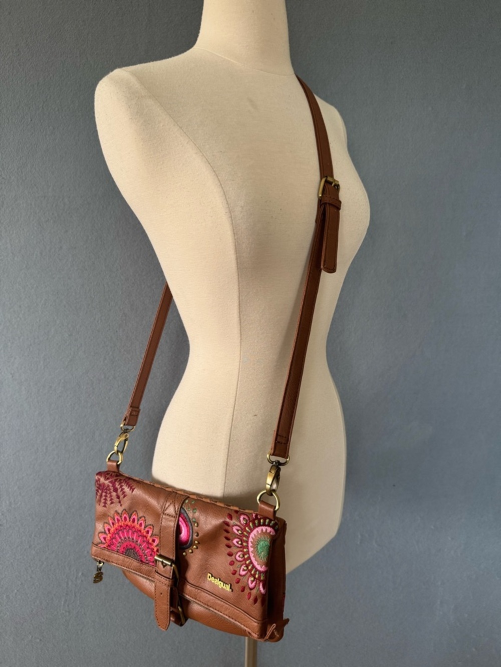 Desigual Embroidered Foldover Crossbody Bag Boho Floral Brown Adjustable Strap